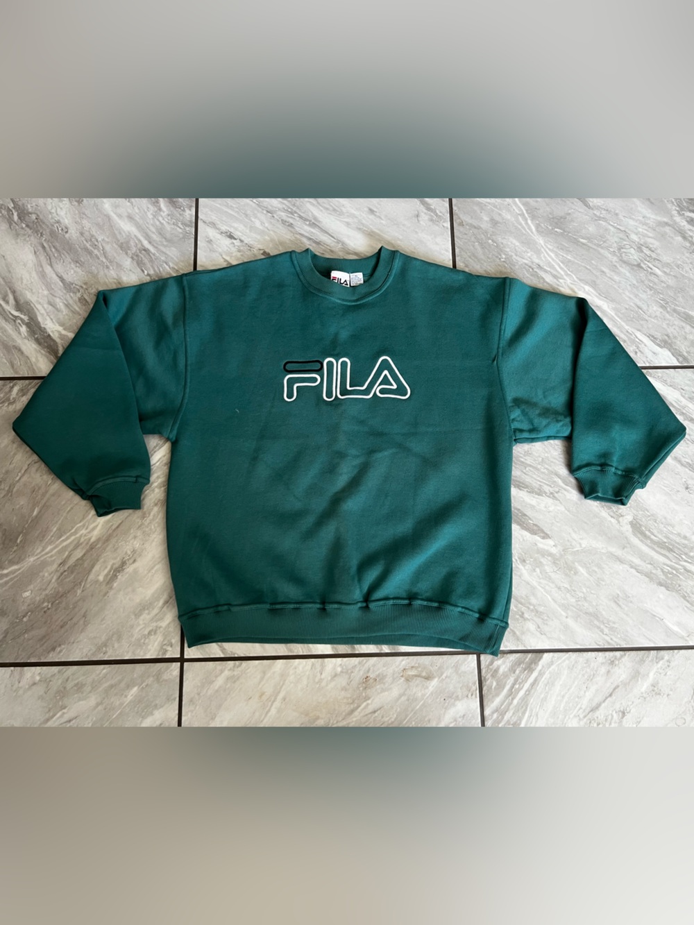 Fila Teal Green Pullover Sweatshirt with White-Outlined Logo XL Y2K